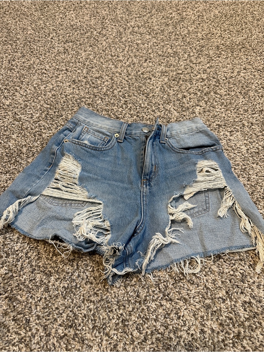 Distressed High-Rise Denim Shorts - Light Blue